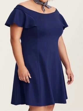 torrid Navy Off-Shoulder Fluted Ponte Skater Dress